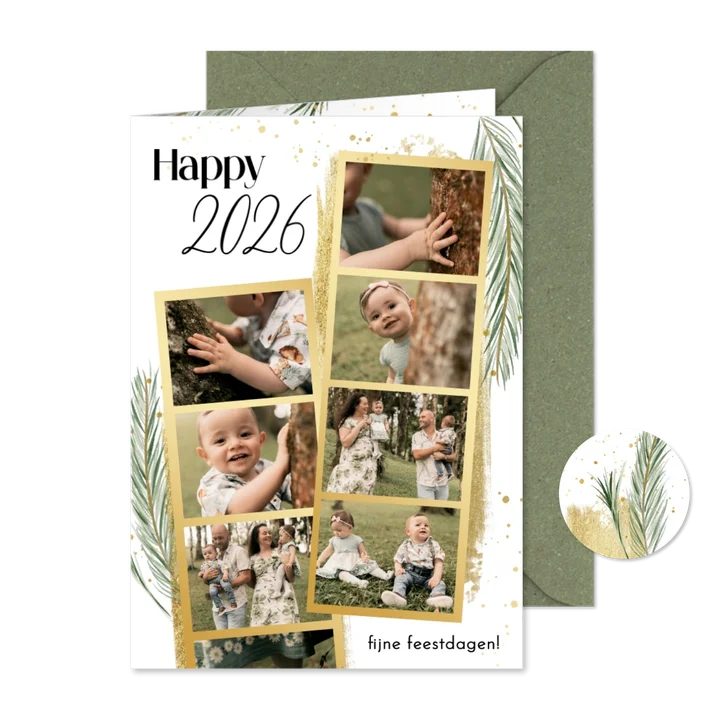 Nieuwjaarskaartje gouden fotostrip happy 2026 takjes