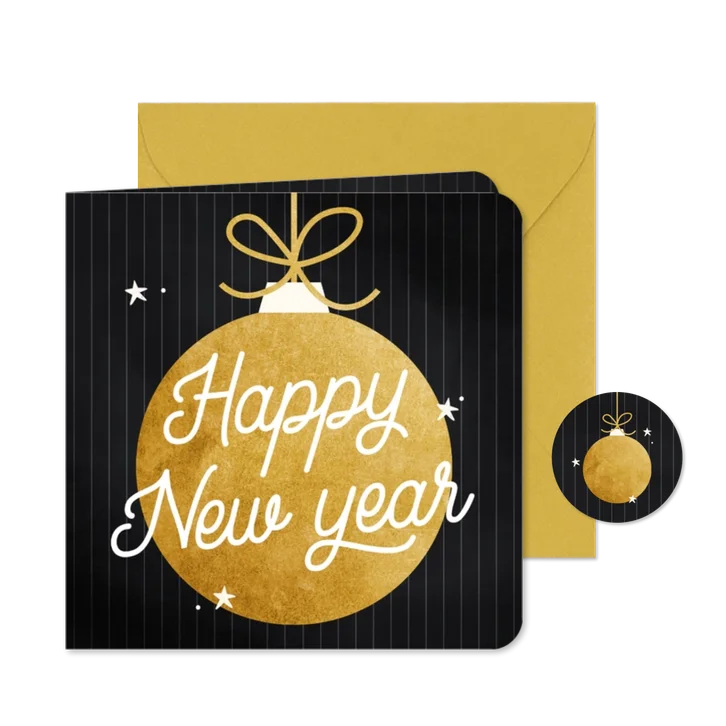 Nieuwjaarskaartje gouden kerstbal happy new year