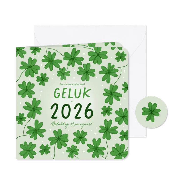 Nieuwjaarskaartje groen klavertjes vier veel geluk in 2026