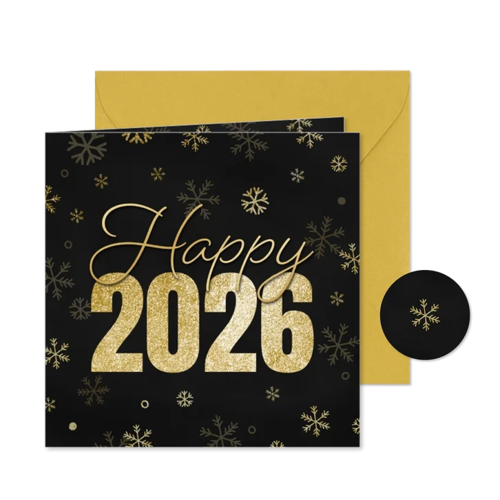 Nieuwjaarskaartje happy 2026 met sneeuwvlokjes goud