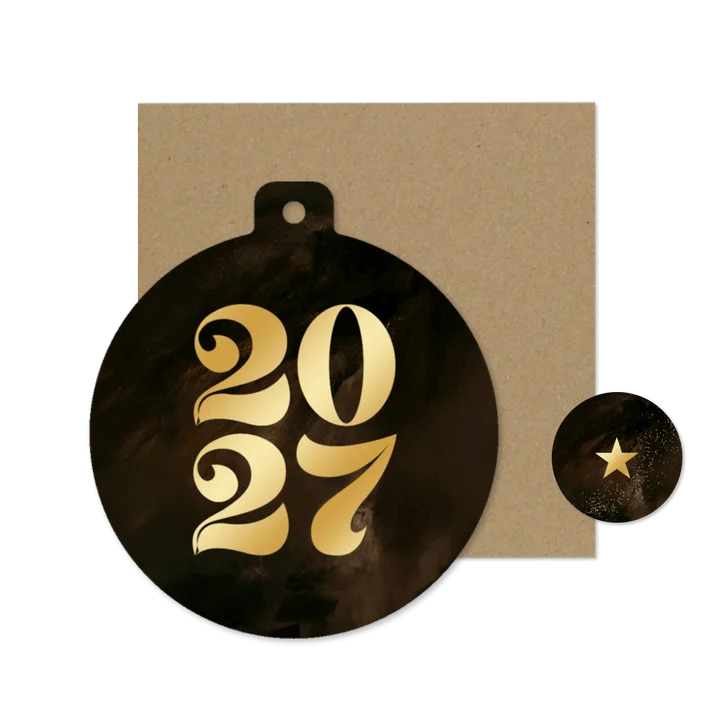 Nieuwjaarskaartje kerstbalvorm 2027 goud waterverf bruin