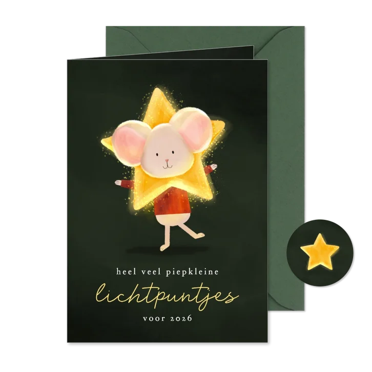 Nieuwjaarskaartje lichtpuntjes ster om hoofd muisje 