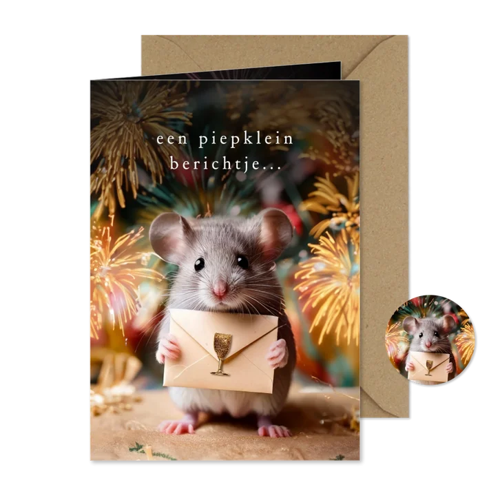 Nieuwjaarskaartje met schattig muisje piepklein berichtje