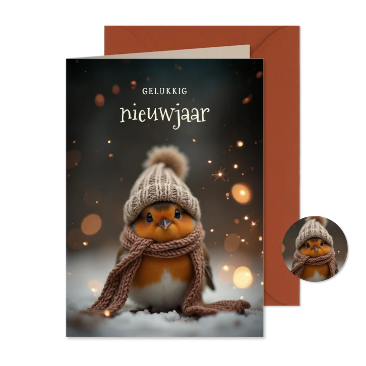 Nieuwjaarskaartje met schattig roodborstje en sterren