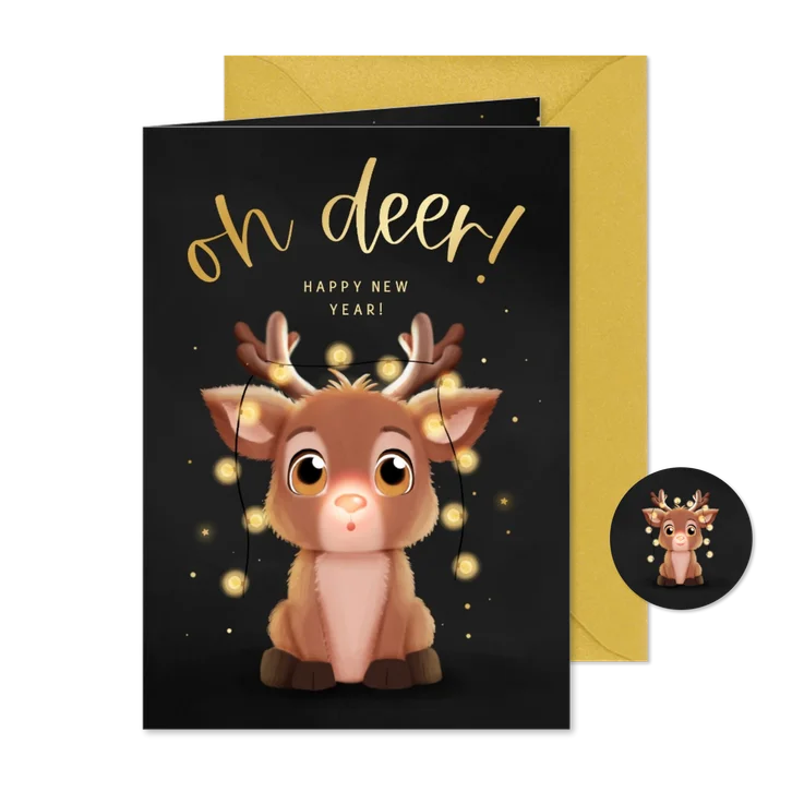 Nieuwjaarskaartje oh deer happy new year rendier lampjes