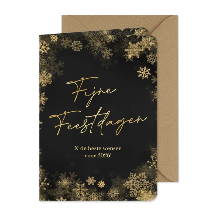 Nieuwjaarskaartje sneeuwvlokken goud fijne feestdagen 