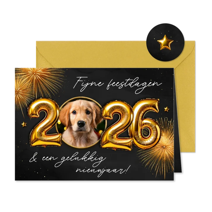Nieuwjaarskaartje vuurwerk 2026 folieballonnen foto goud