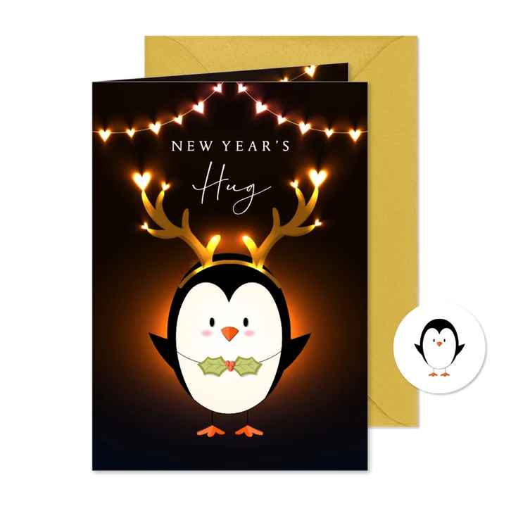 Nieuwjaarsknuffel lief vrolijk lichtgevende hartjes pinguïn