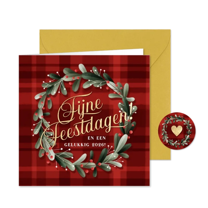 Nostalgisch kerstkaartje kerstkrans en ruitjes achtergrond