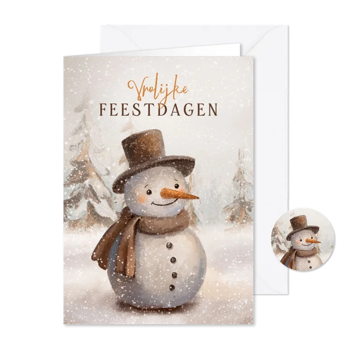 Nostalgische kerstkaart met sneeuwpop sneeuw en dennenbomen