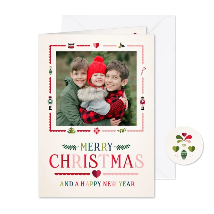 Nostalgische rood groene kerstkaart met eigen foto