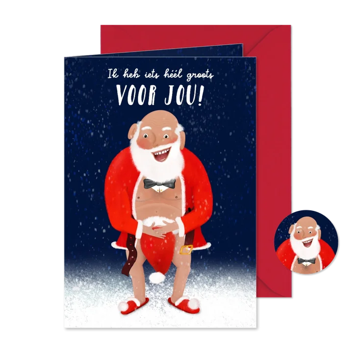 Ondeugende kerstkaart met halfblote kerstman