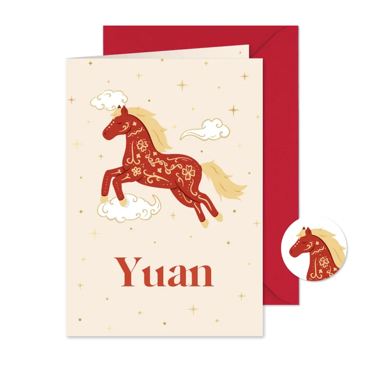 Origineel geboortekaartje astrologie paard met goudfolie