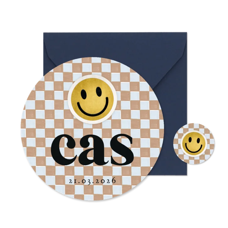 Origineel geboortekaartje cirkel blokjespatroon smiley patch