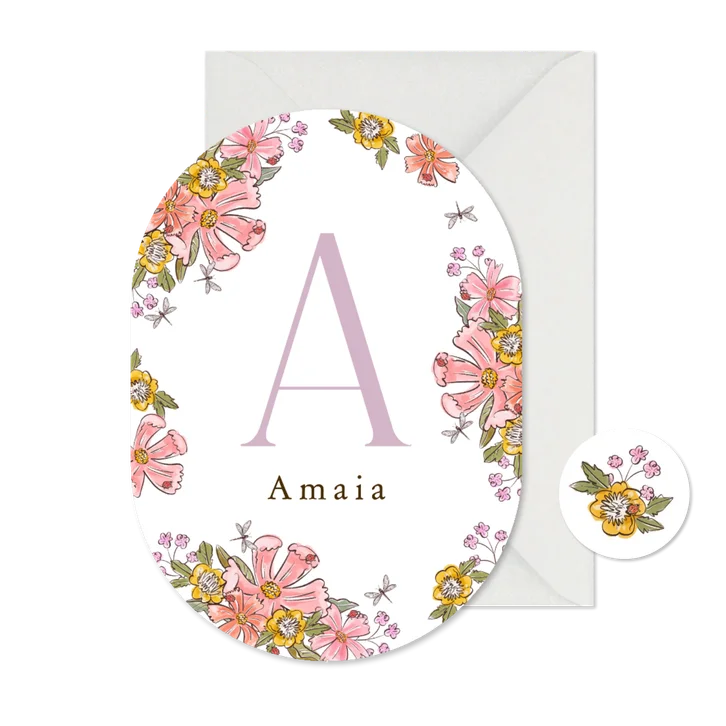 Origineel geboortekaartje initiaal floral kleurrijk libelle 