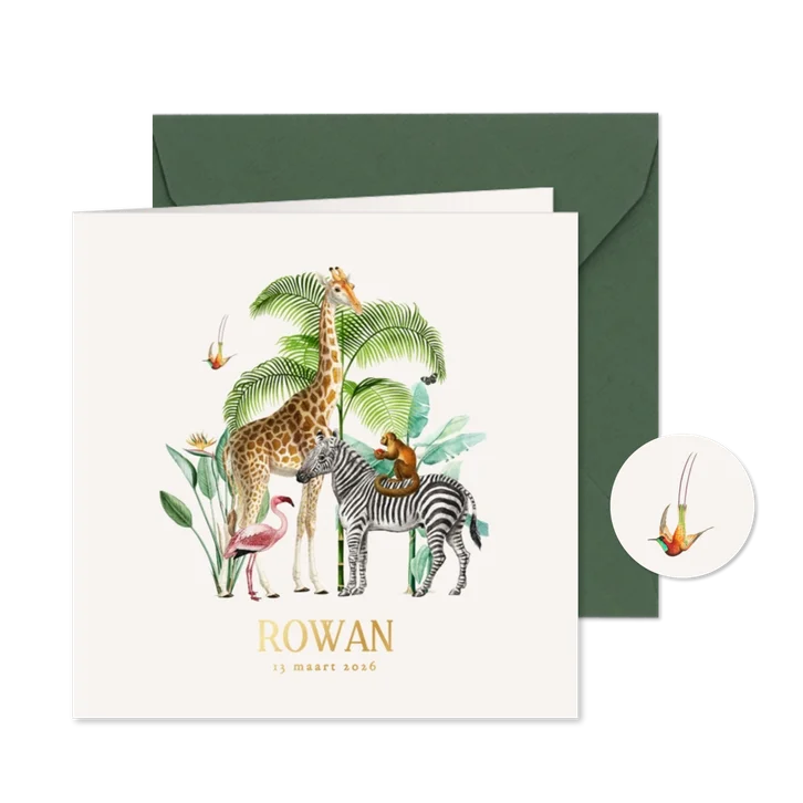 Origineel geboortekaartje met jungle dieren goudfolie