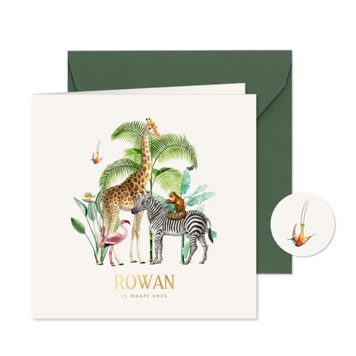 Origineel geboortekaartje met jungle dieren goudfolie