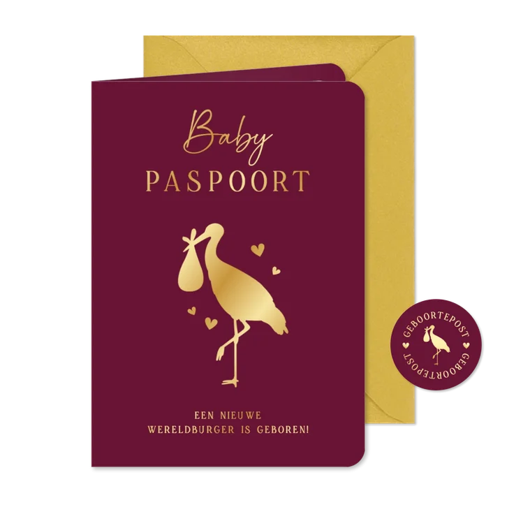 Origineel geboortekaartje paspoort met goudfolie ooievaar