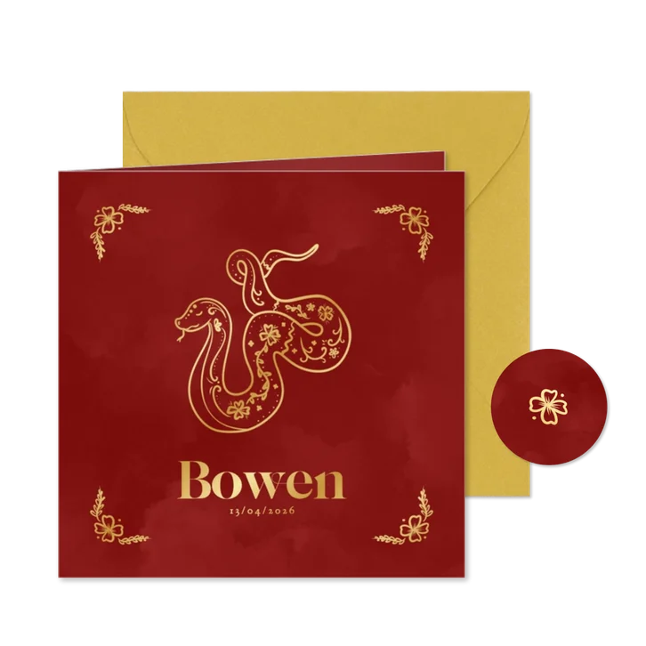 Origineel geboortekaartje rood met gouden slang sterrenbeeld