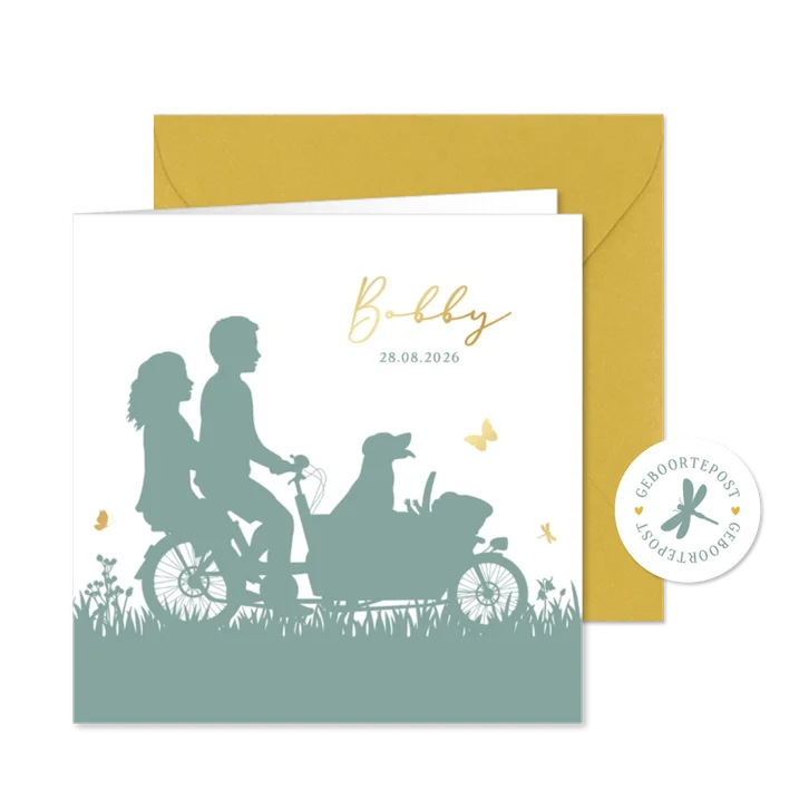 Origineel geboortekaartje silhouet bakfiets met hond en baby