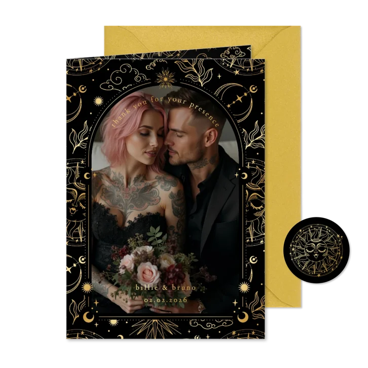 Originele bedankkaart astrologie zon met goudfolie