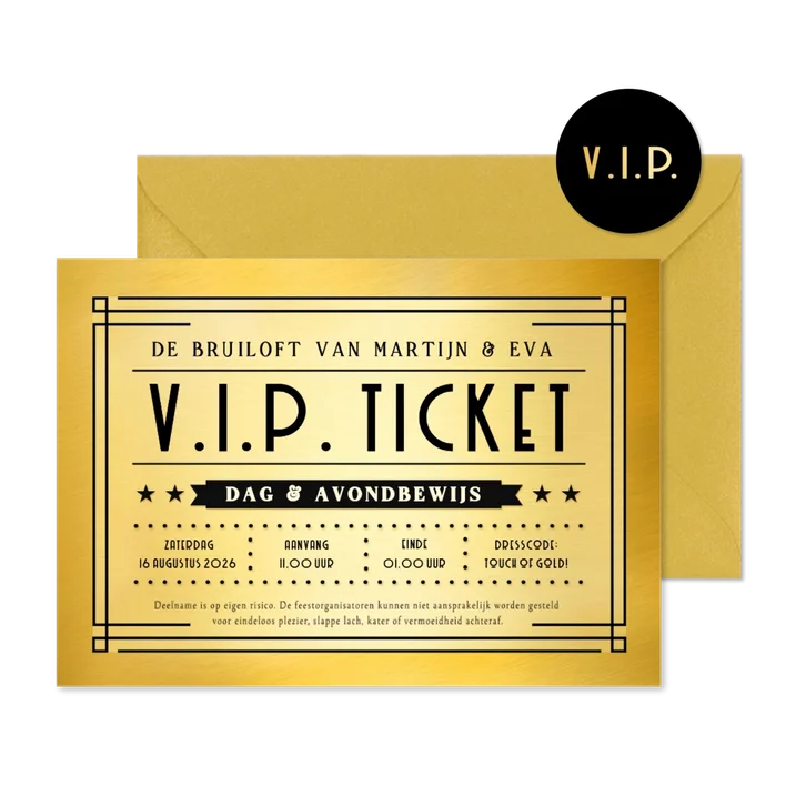 Originele en grappige V.I.P. ticket uitnodiging bruiloft