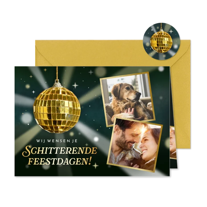 Originele kerstkaart met discobal 'stralende feestdagen!'