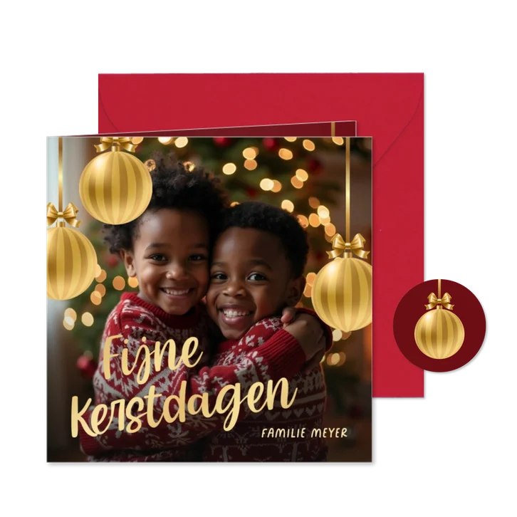 Originele kerstkaart met kerstballen en foto
