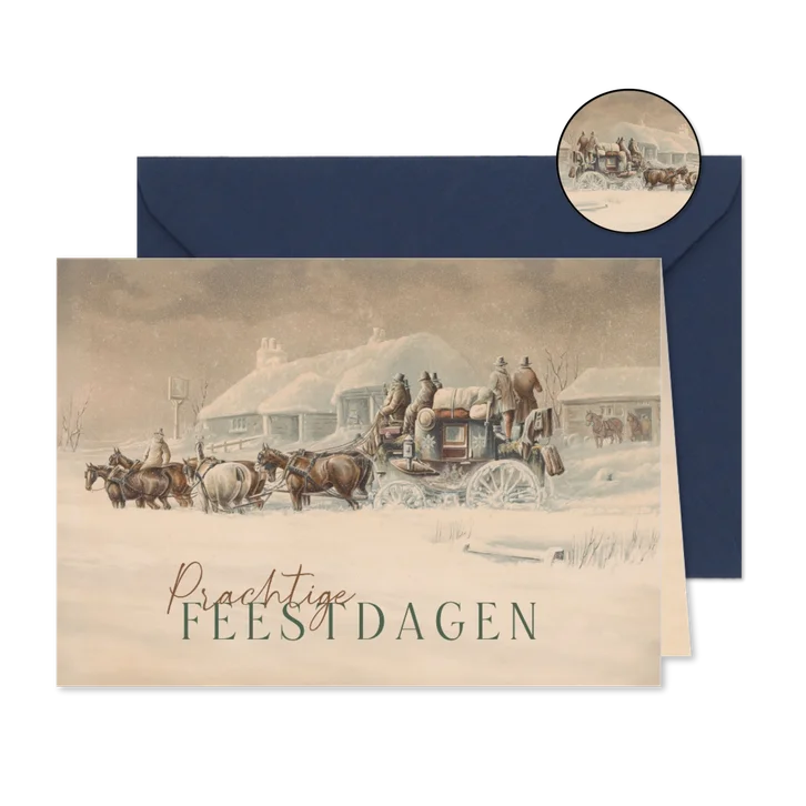 Originele kerstkaart met koets in de sneeuw