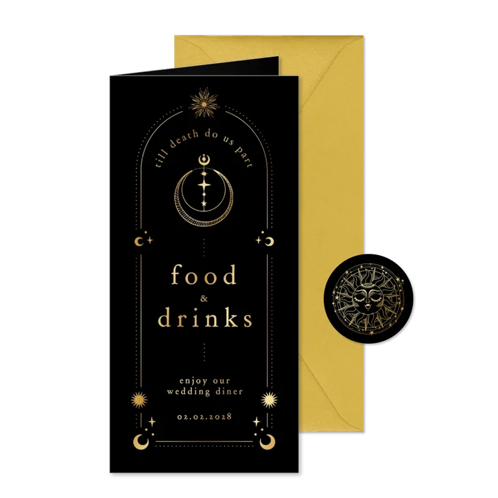 Originele menukaart astrologie zon met goudfolie