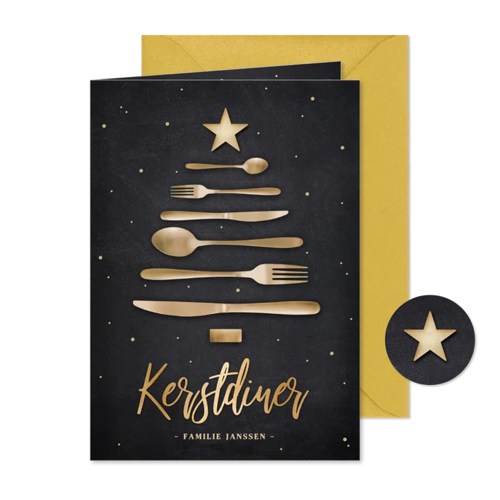 Originele menukaart kerstdiner met bestek in kerstboom vorm