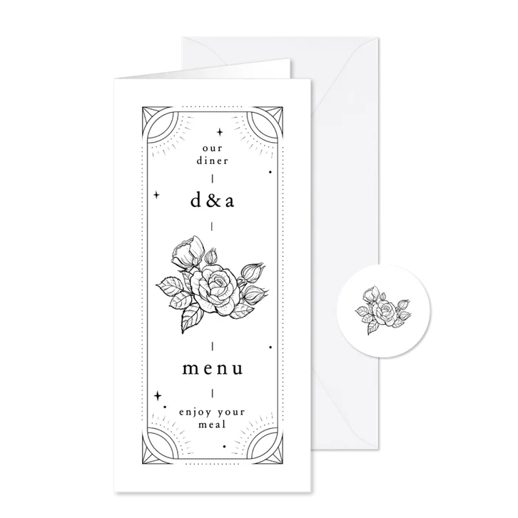 Originele menukaart met tattoo stijl bloemen