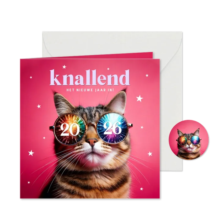 Originele nieuwjaarskaarten met kat met bril en sterren