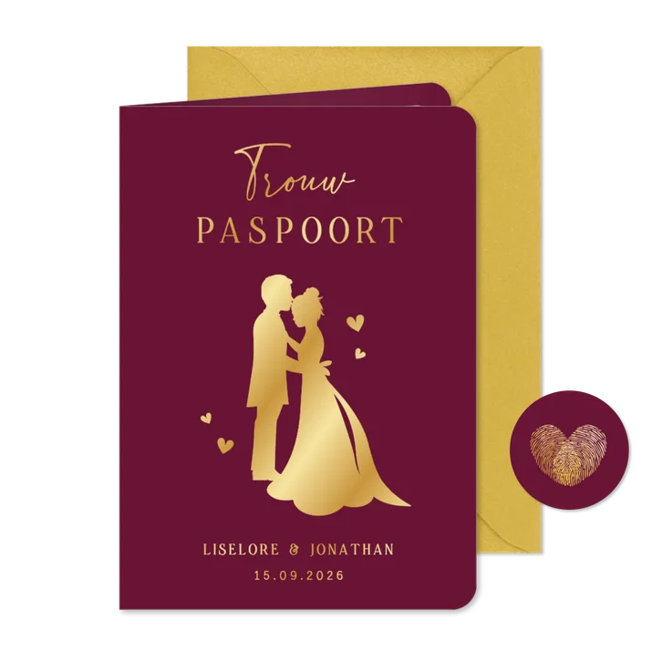 Originele paspoort trouwkaart met goudfolie en silhouet 