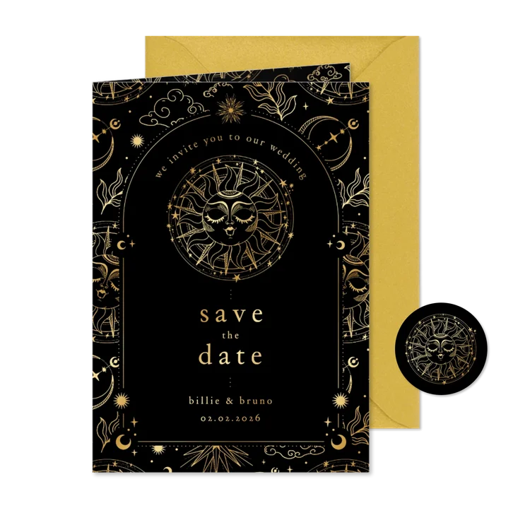 Originele save the date kaart astrologie zon met goudfolie