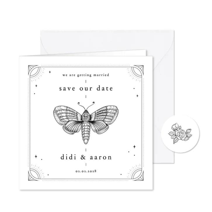 Originele save the date kaart in tattoo stijl motvlinder