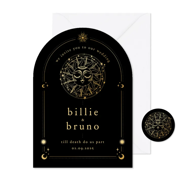 Originele trouwkaart astrologie boogvorm zon met goudfolie