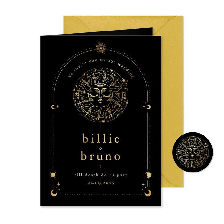 Originele trouwkaart astrologie zon met goudfolie