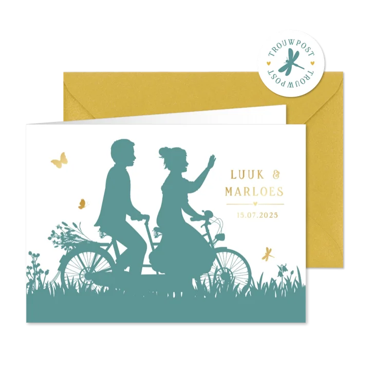 Originele trouwkaart silhouet bruidspaar op tandem fiets