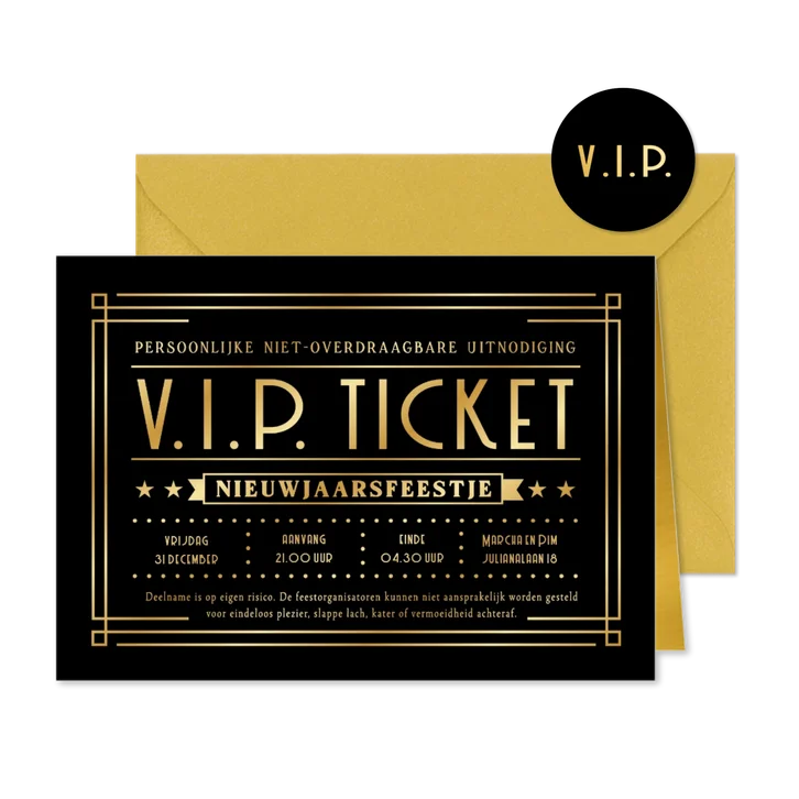 Originele uitnodiging oud en nieuw VIP-ticket goud
