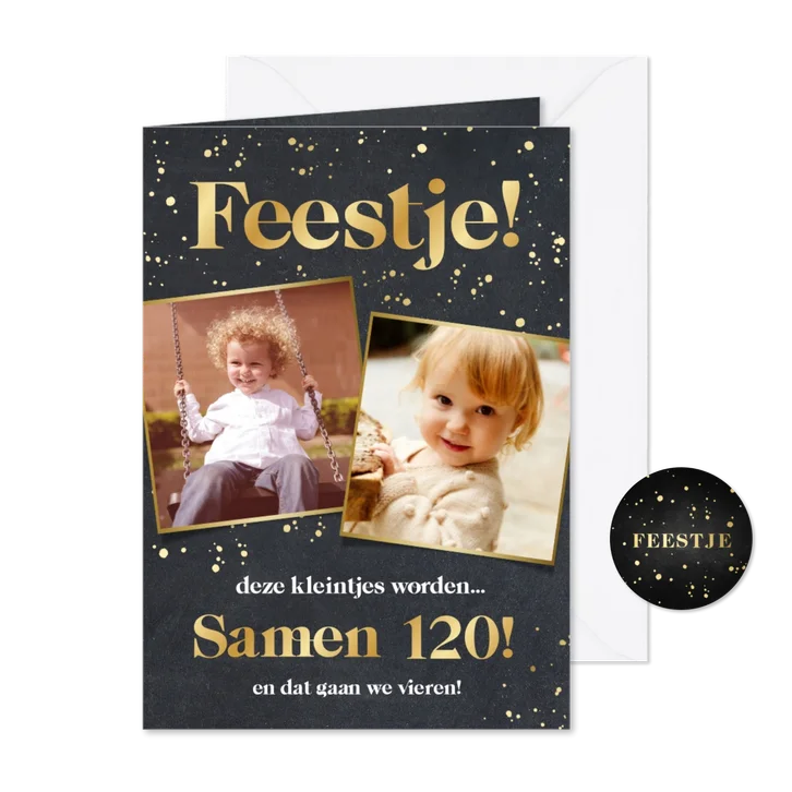 Originele uitnodiging samen jarig met kinderfoto's en folie