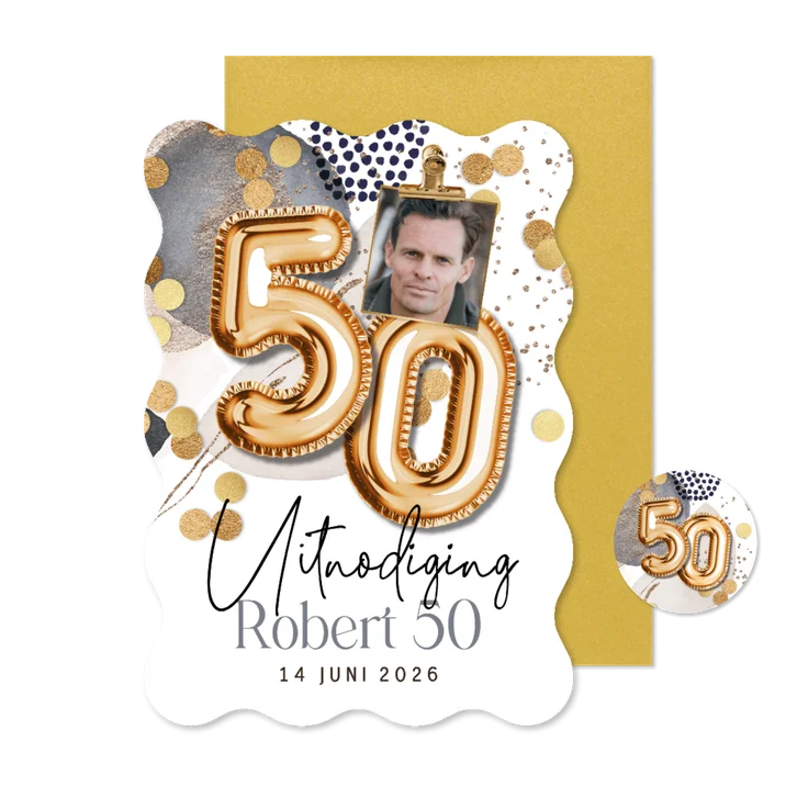 Originele uitnodiging verjaardag 50 jaar cijferballon goud
