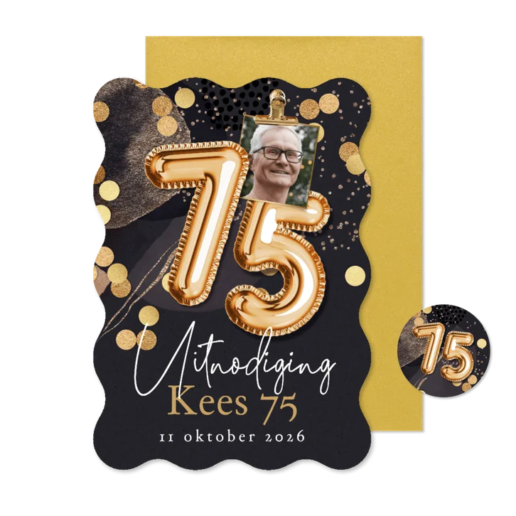 Originele uitnodiging verjaardag 75jaar cijferballon goud