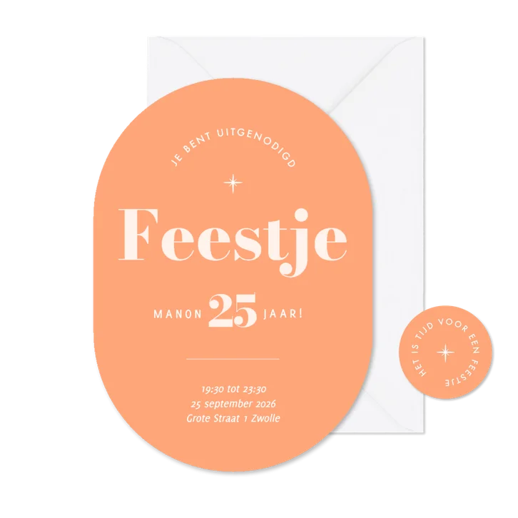 Originele uitnodigingen feestje modern oranje in ovaal
