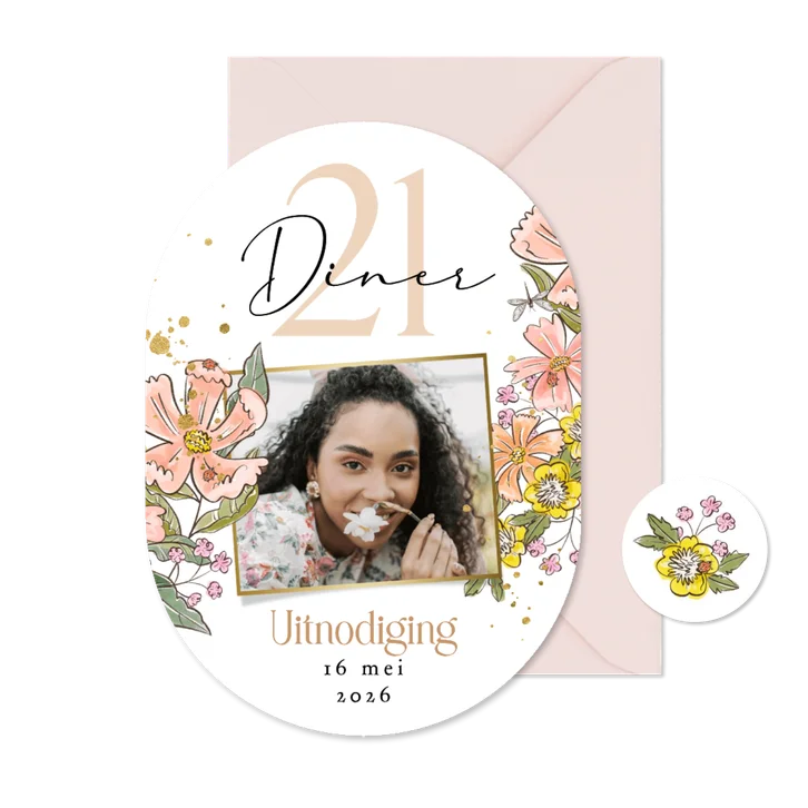 Originele uitnodigingskaart 21 diner kleurrijke bloemen foto