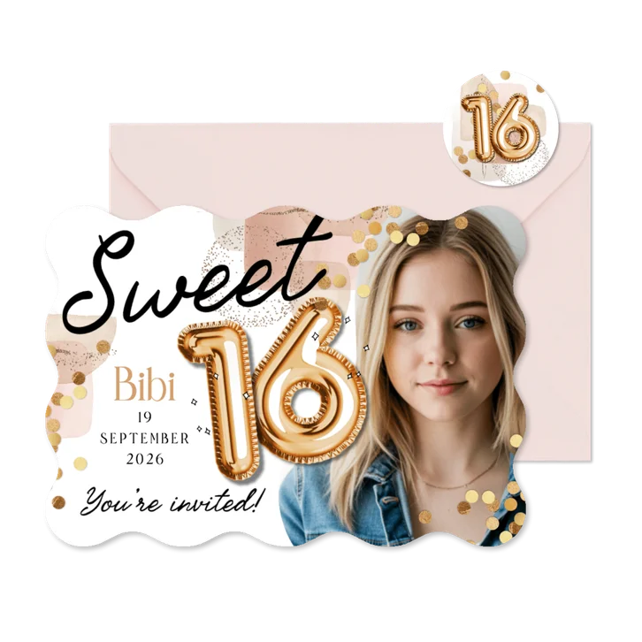 Originele uitnodigingskaart sweet16 foto cijferballon goud 