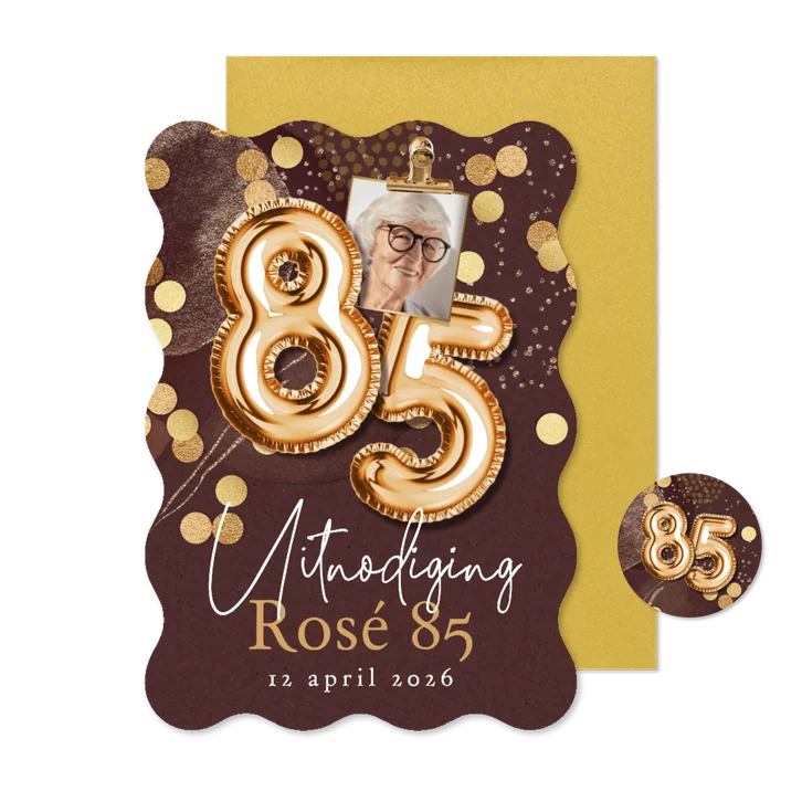 Originele uitnodigingskaart verjaardag 85 jaar confetti goud
