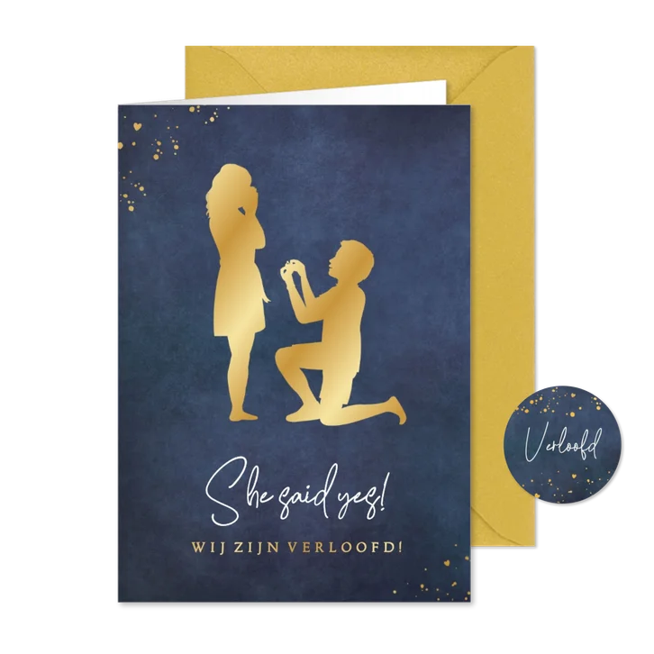 Originele verlovingskaart met silhouet van aanzoek met ring