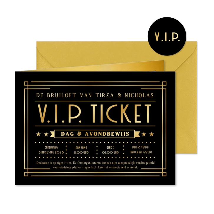 Originele VIP-ticket uitnodiging bruiloft met zwart en goud