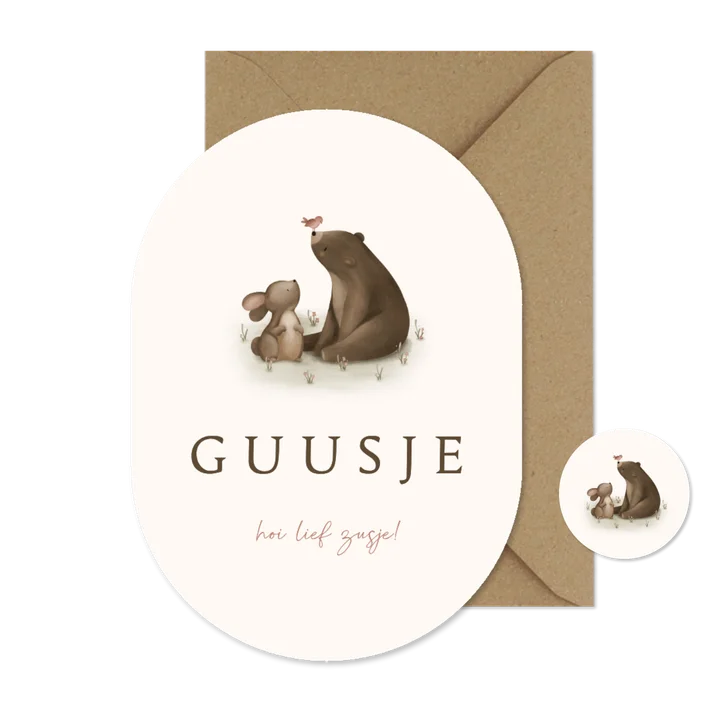 Ovaal geboortekaartje voor een zusje met lieve bosdiertjes